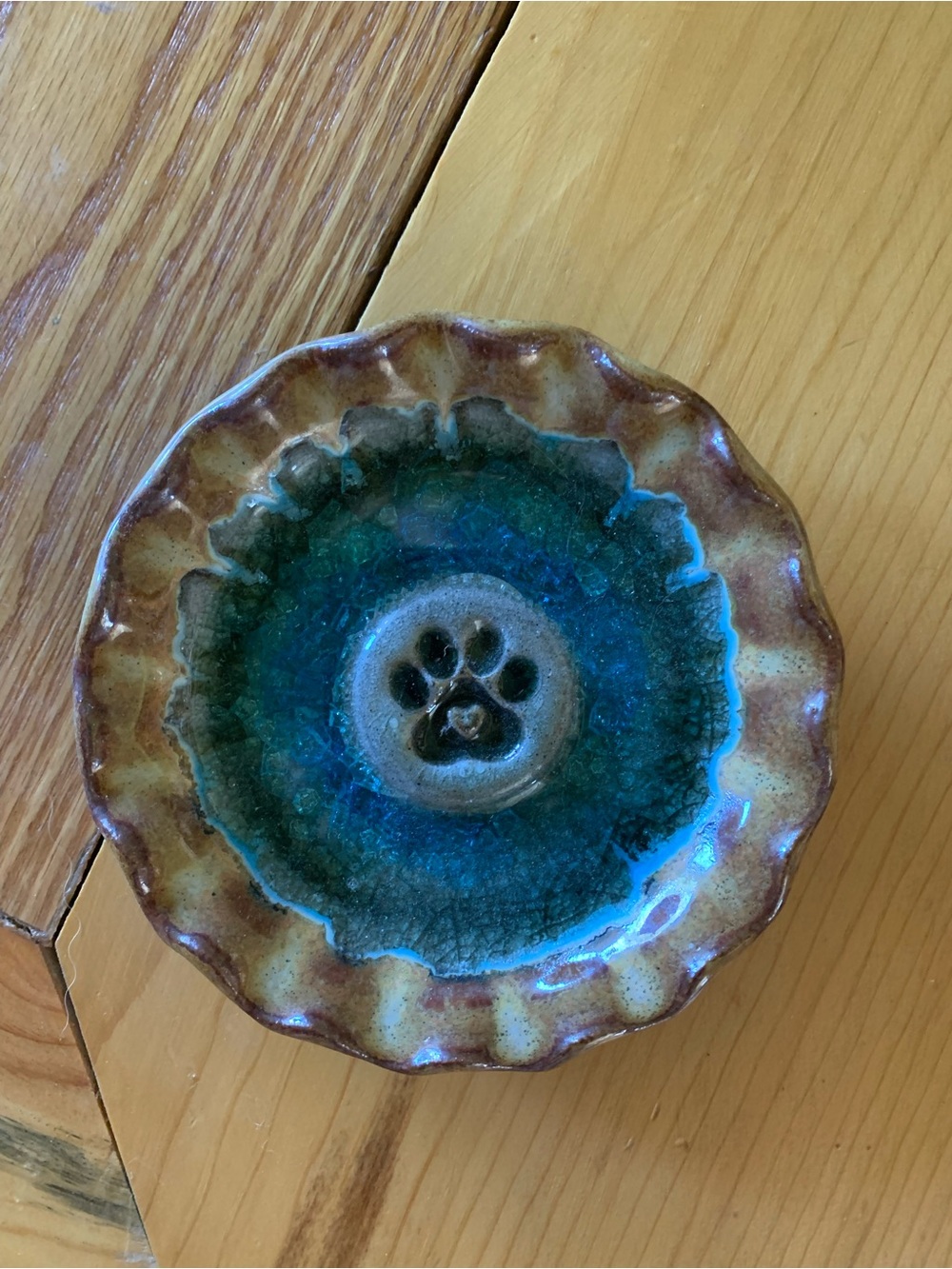 Handmade Ceramic Trinket Dish with Paw Detail - Blue and Brown